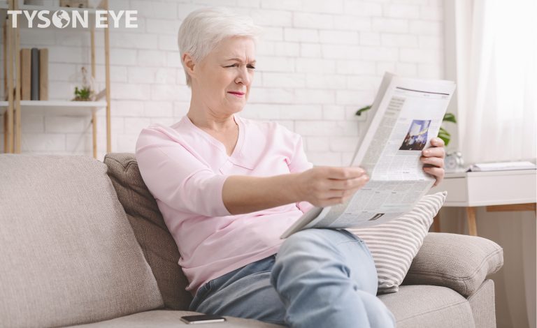 An woman with Astigmatism reading a newspaper at arms length